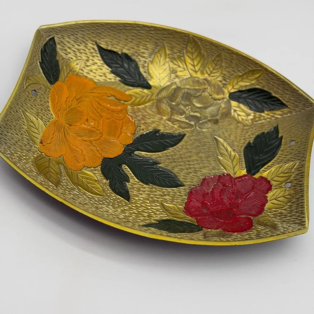 Vintage Asian Style Floral Peony Decorative Tray Gold Textured Relief 9.5 Inch